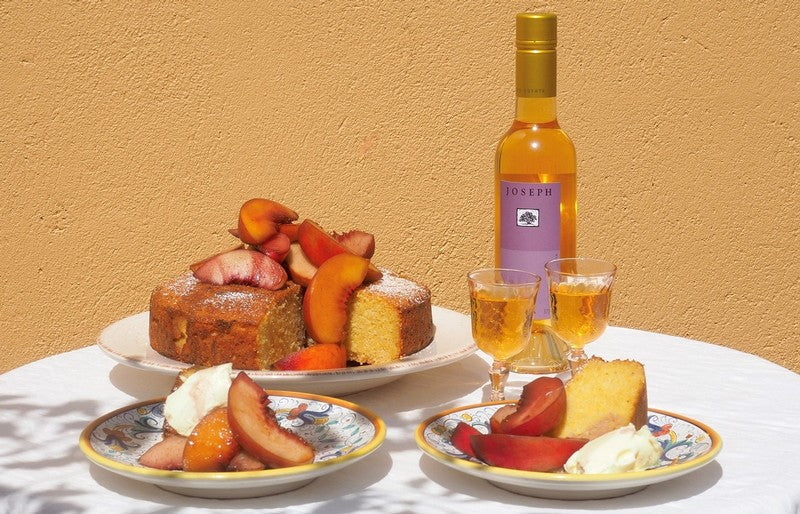 Polenta and Ricotta Cake with Red Wine Peaches