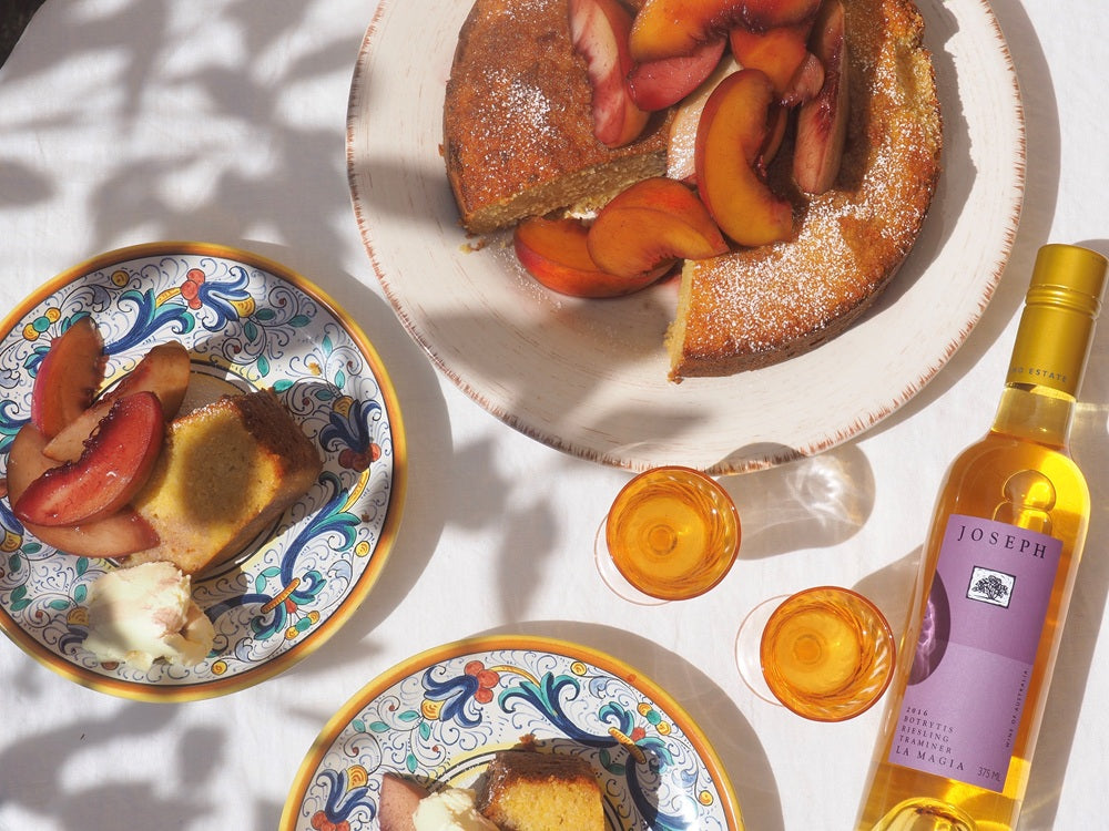 Polenta and Ricotta Cake with Red Wine Peaches